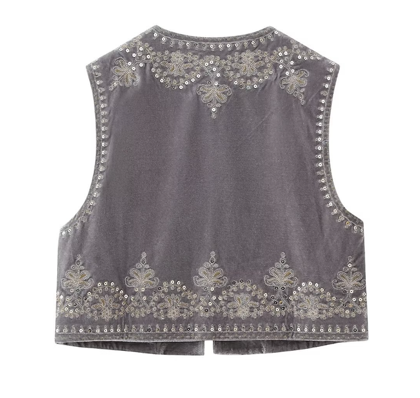 Taupe Boho Sequin Embroidered Vest