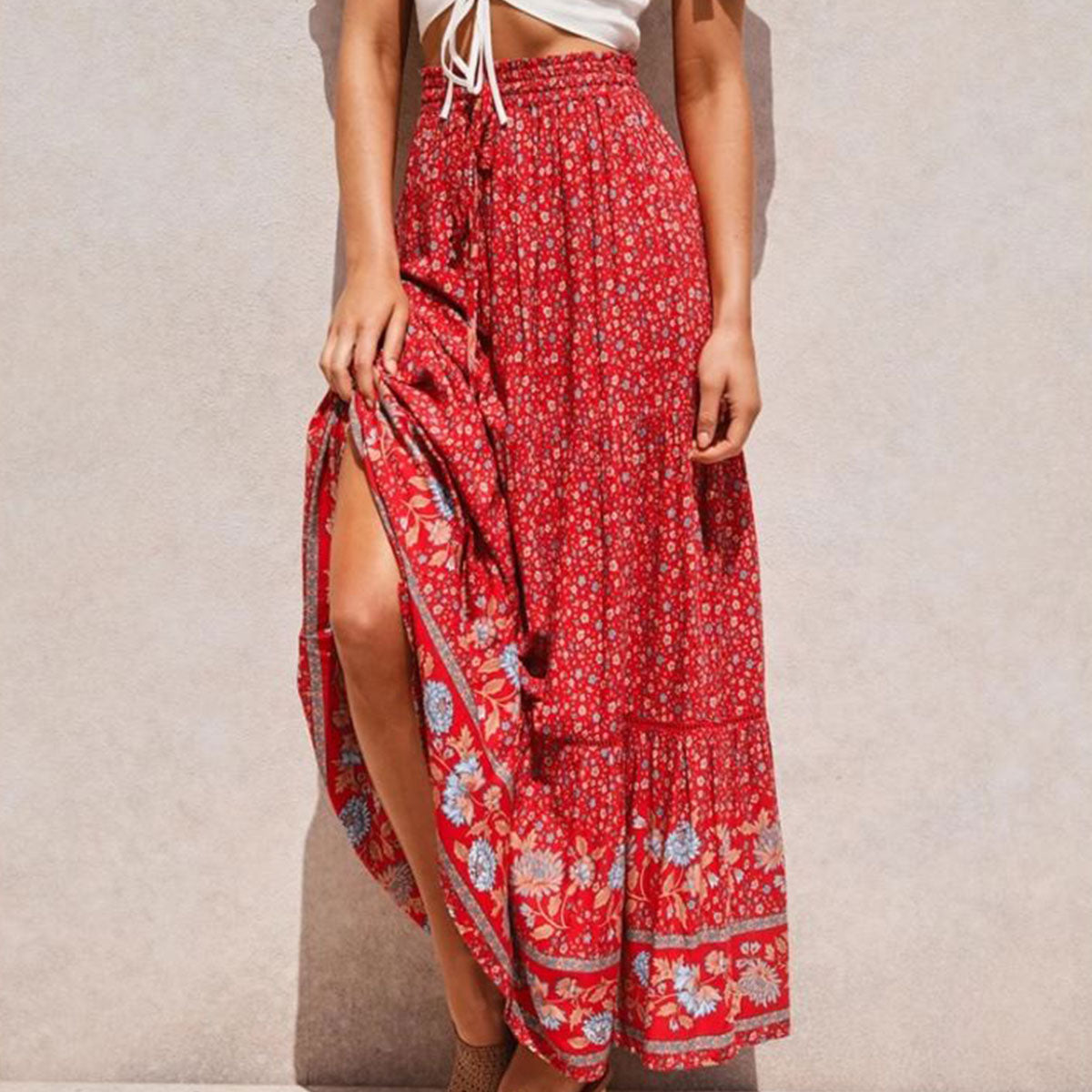 Rose Red Boho Floral Print Maxi Skirt