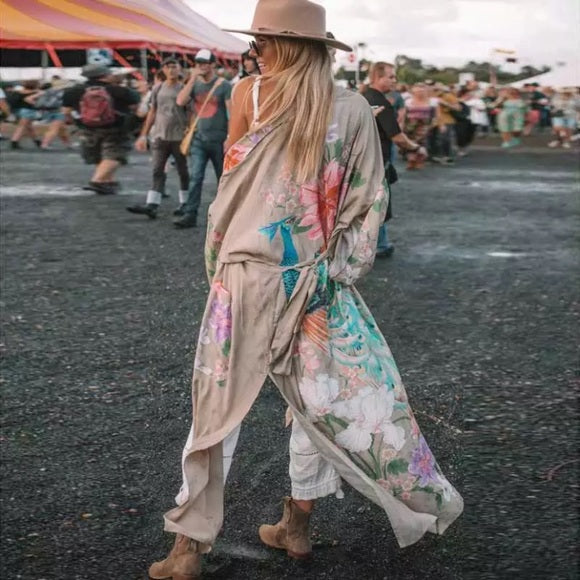 Mesa Tan Peacock Boho Floral Print Maxi Robe