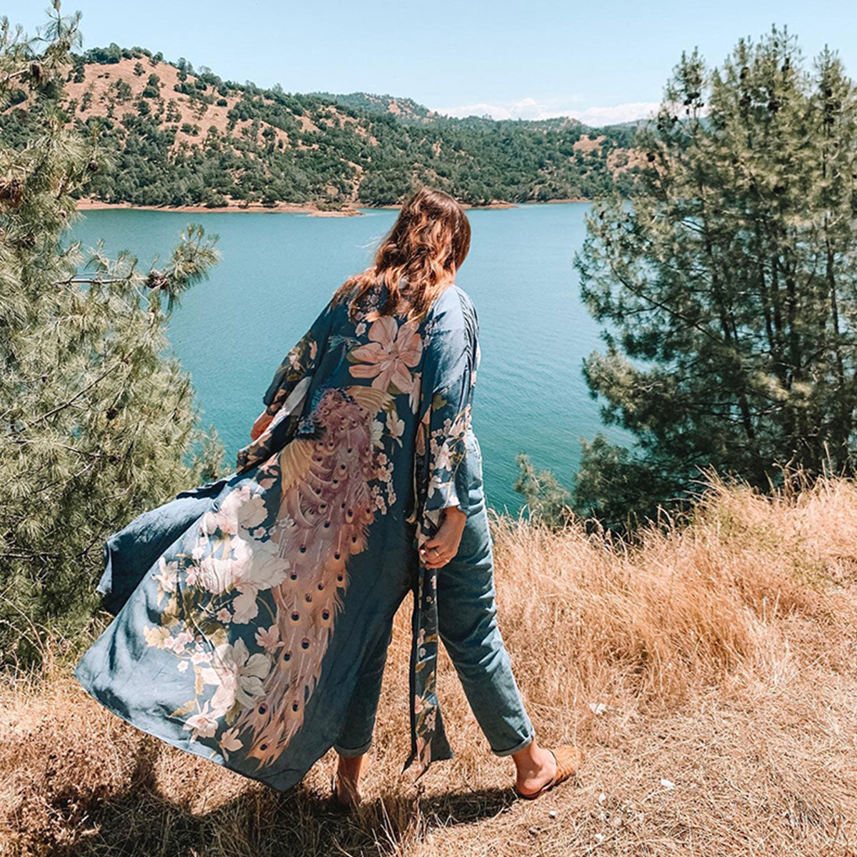 Twilight Blue Peacock Boho Maxi Robe