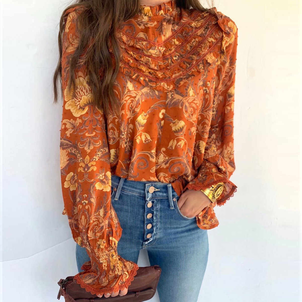 Burnt Amber Boho Floral Print Long Sleeve Blouse