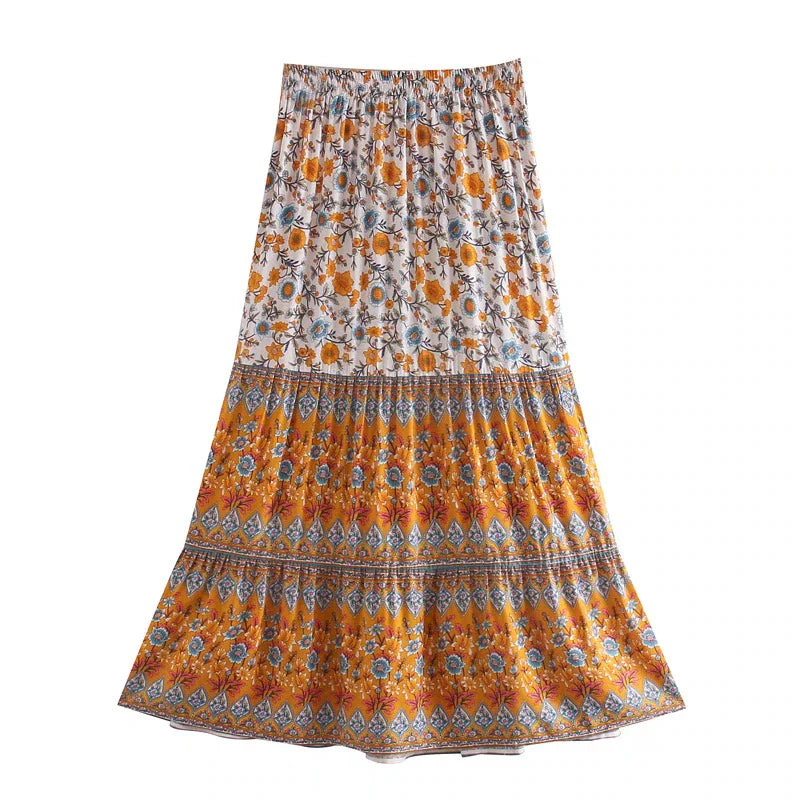 Sunny Marigold Boho Floral Print Midi Skirt