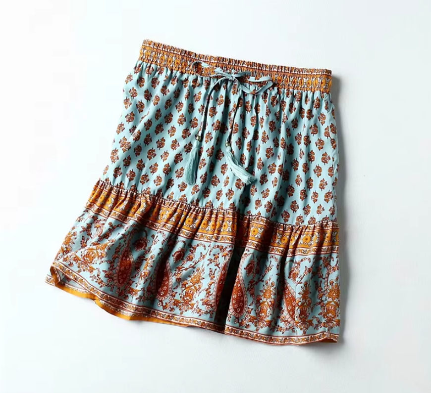 Teal Shores Floral Print Mini Skirt