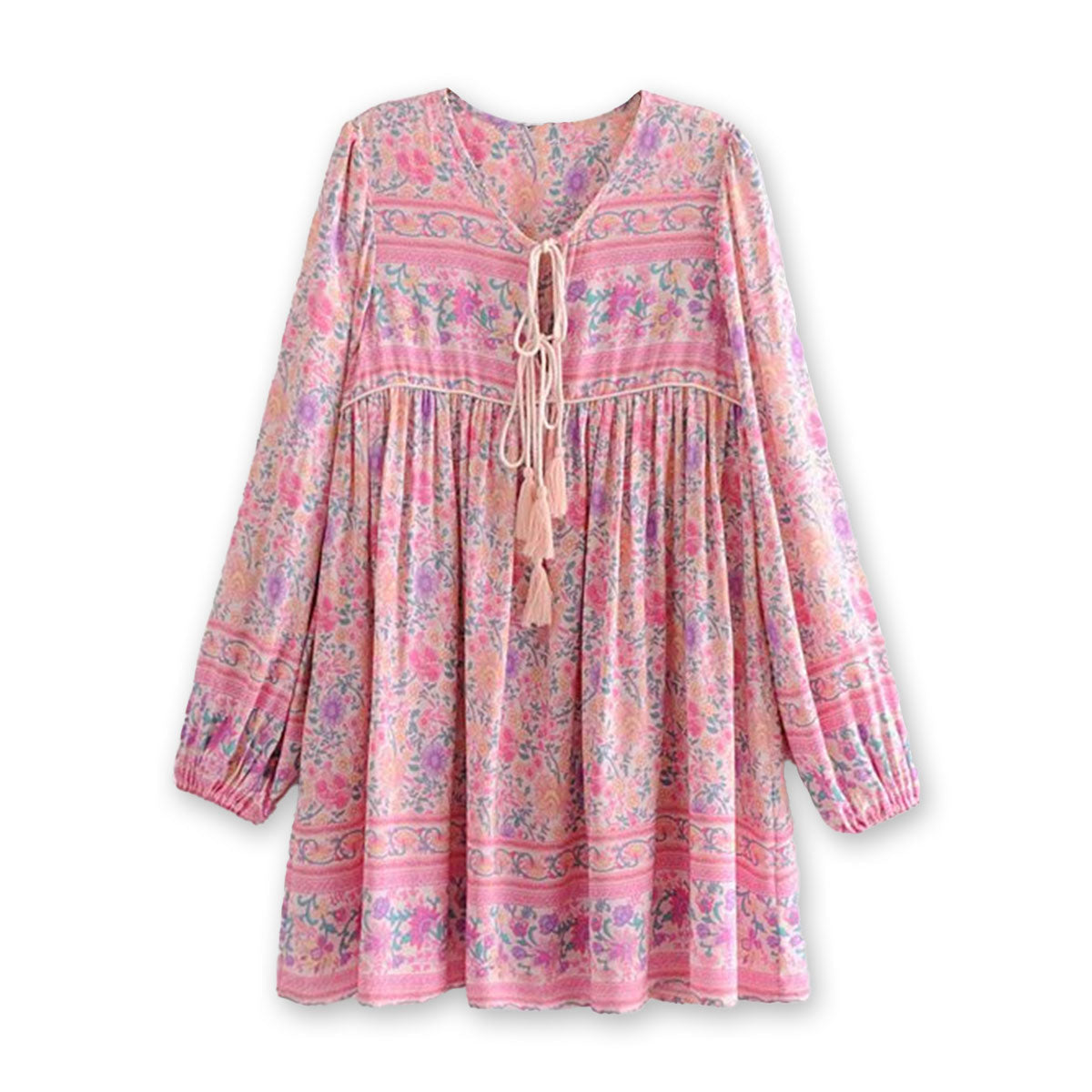 Petal Pink Boho Floral Print Mini Dress