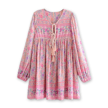 Petal Pink Boho Floral Print Mini Dress