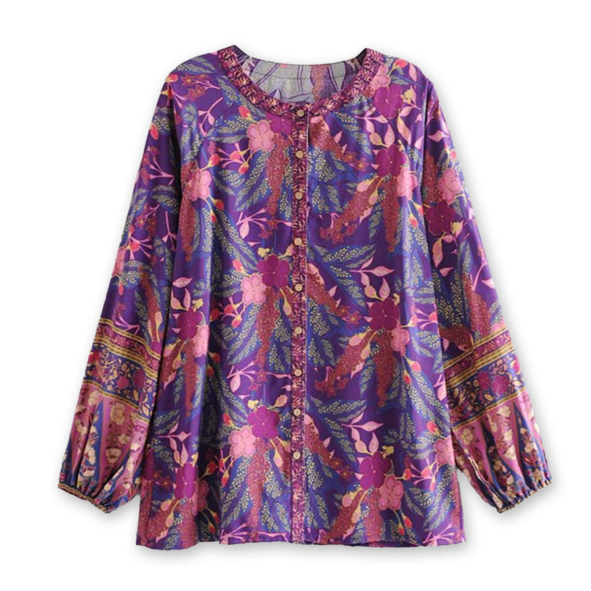 Purple Willow Boho Floral Print Long Sleeve Blouse