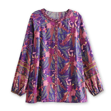 Purple Willow Boho Floral Print Long Sleeve Blouse
