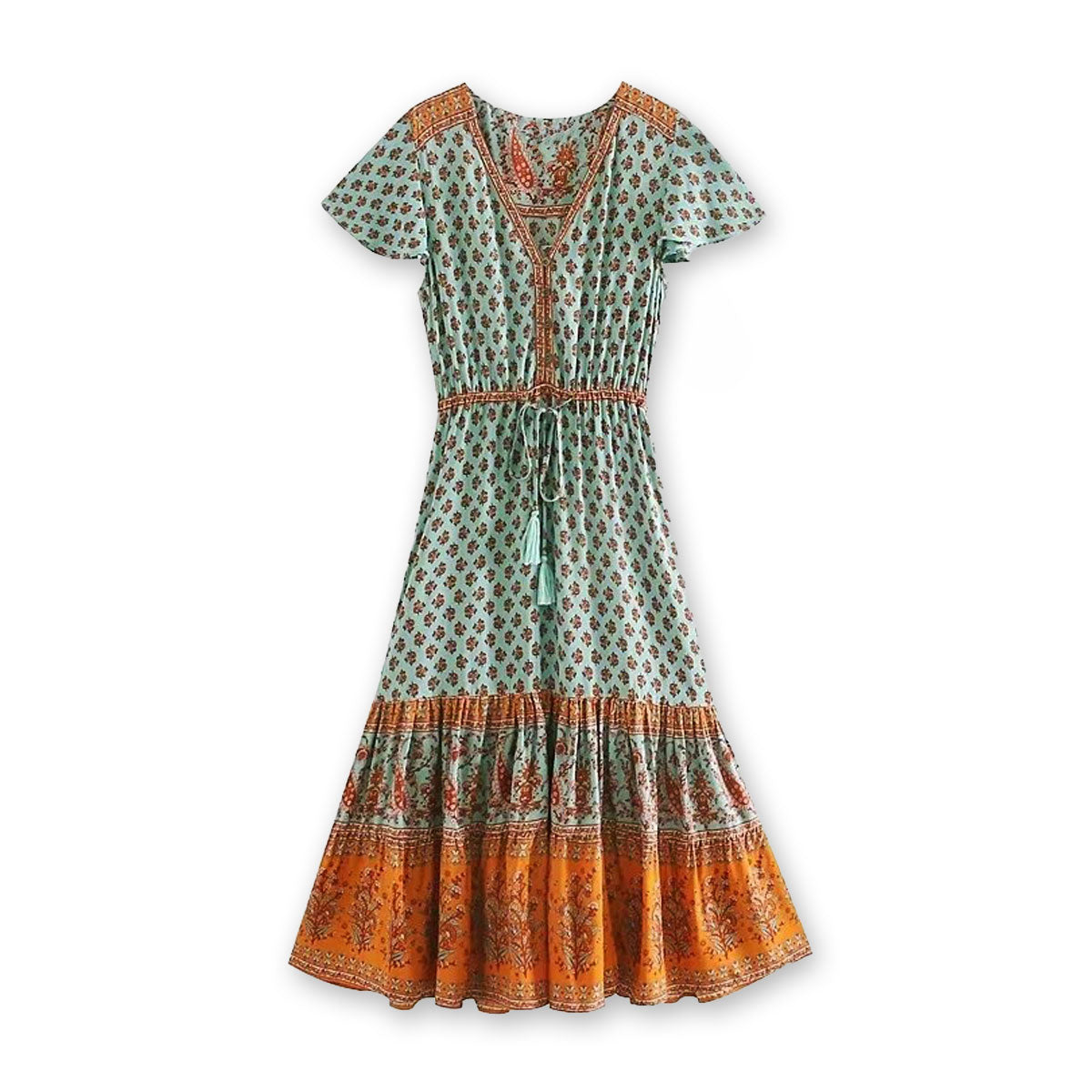 Sea Mist Boho Floral Print Midi Dress