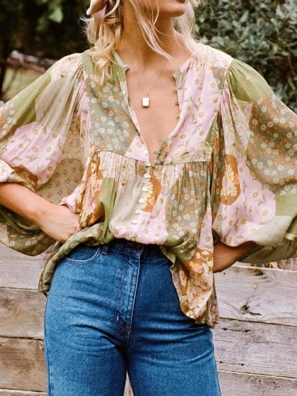 Green Balsam Boho Floral Print Long Sleeve Blouse