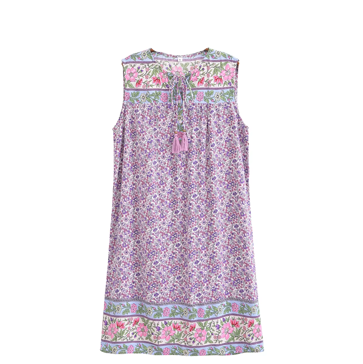 Posy Purple Boho Floral Print Mini Dress