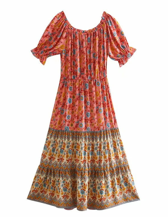 Coral Pink Boho Floral Print Midi Dress