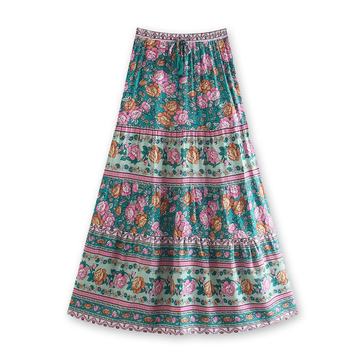 Teal Garden Boho Floral Print Maxi Skirt