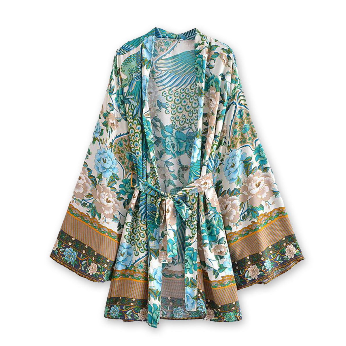 Teal Peacock Boho Floral Print Short Robe