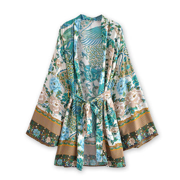 Teal Peacock Boho Floral Print Short Robe