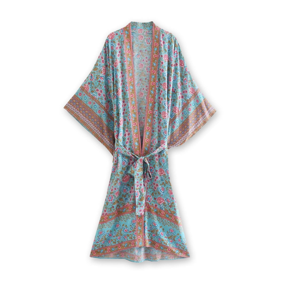 Sea Glass Blue Boho Floral Print Midi Robe