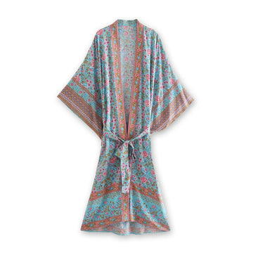 Sea Glass Blue Boho Floral Print Midi Robe