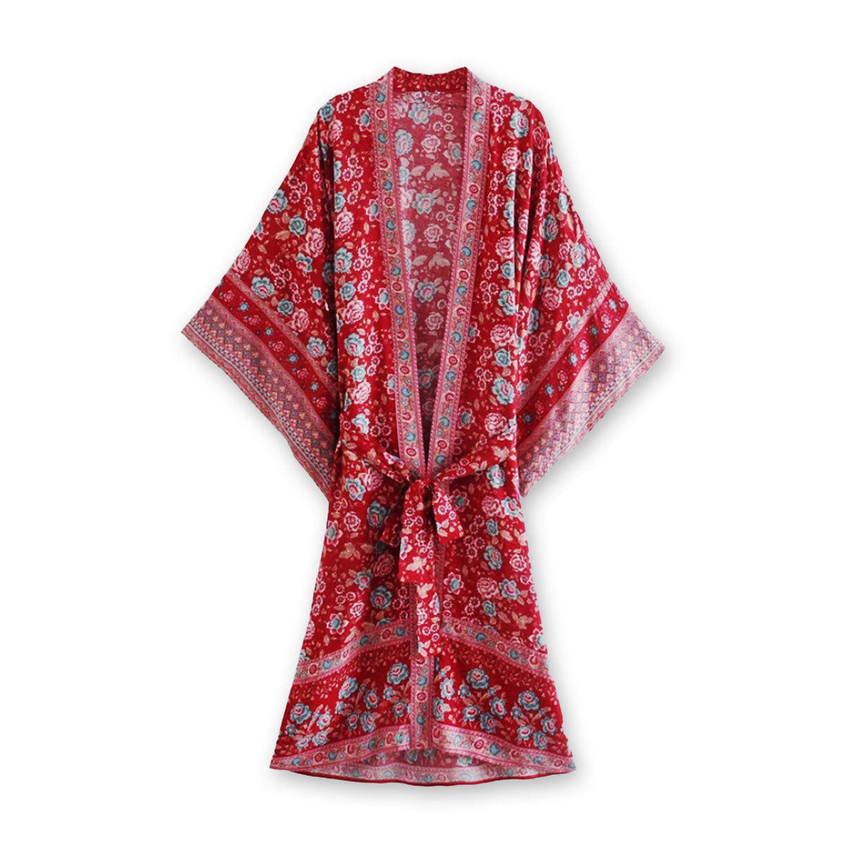 Rose Red Boho Floral Print Midi Robe
