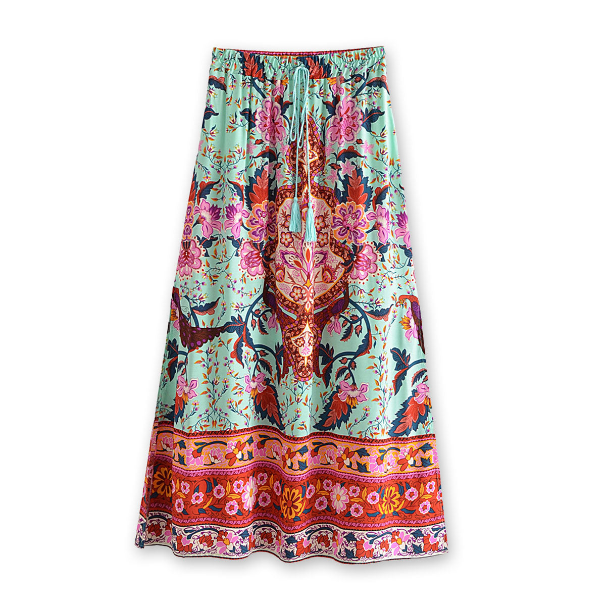 Aqua Blue Peacock Boho Floral Print Midi Skirt