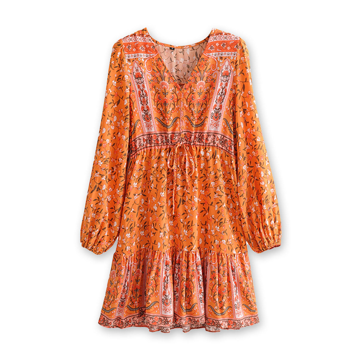 Orange Blossom Boho Floral Print Long Sleeve Mini Dress
