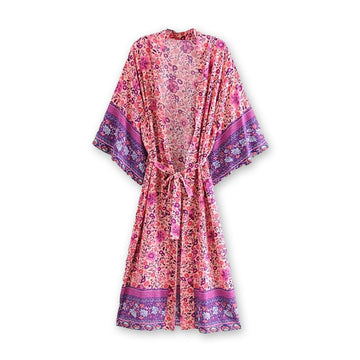 Pink Rose Boho Floral Print Maxi Robe