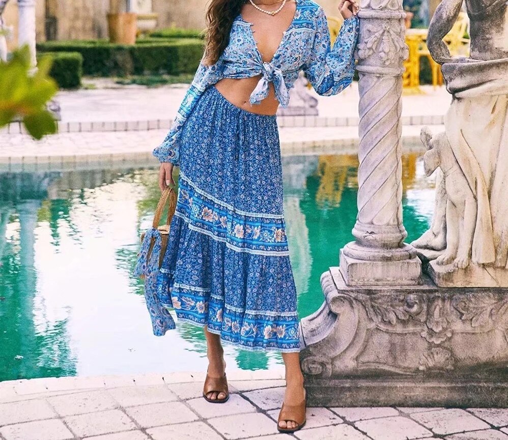 Blue Meadow Boho Floral Print Midi Skirt