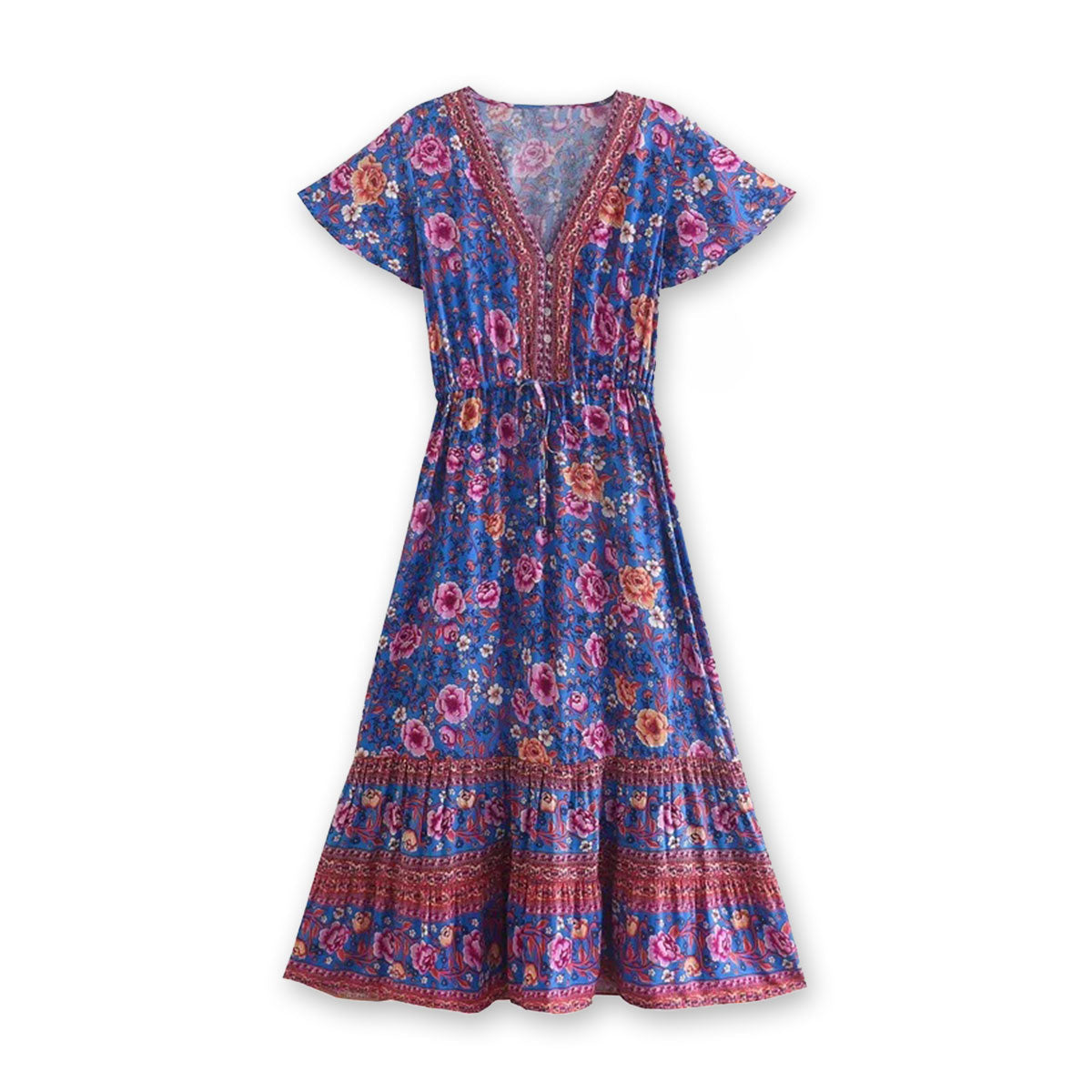Royal Bloom Boho Floral Print Midi Dress