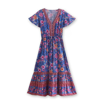 Royal Bloom Boho Floral Print Midi Dress