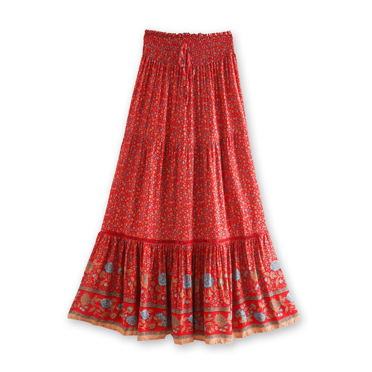 Rose Red Boho Floral Print Maxi Skirt
