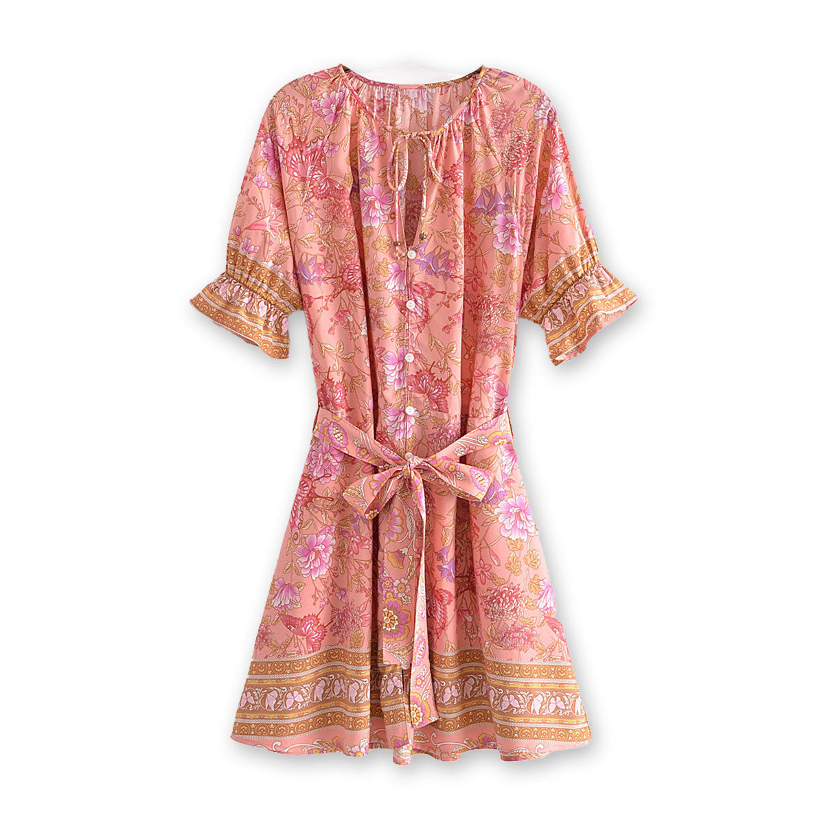 Pretty Pink Butterfly Boho Floral Print Mini Dress
