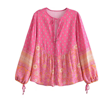 Capri Pink Boho Floral Print Long Sleeve Blouse