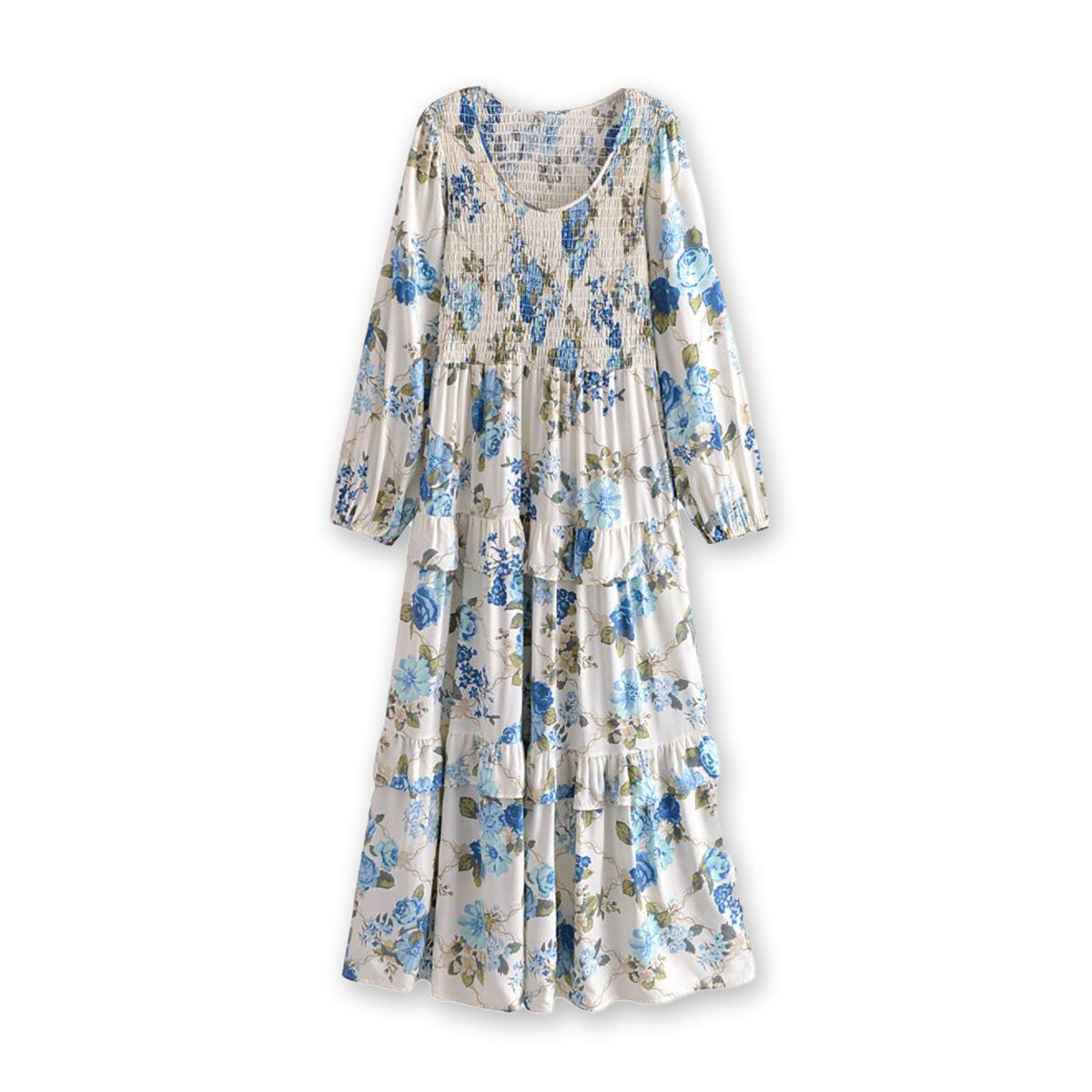 Wildflower Blue Boho Floral Print Long Sleeve Maxi Dress