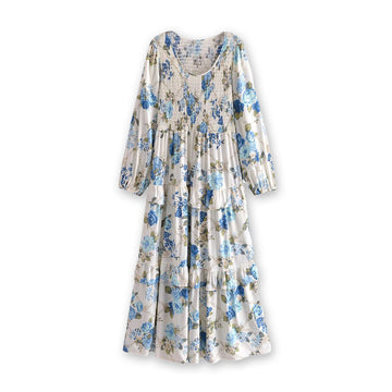 Wildflower Blue Boho Floral Print Long Sleeve Maxi Dress
