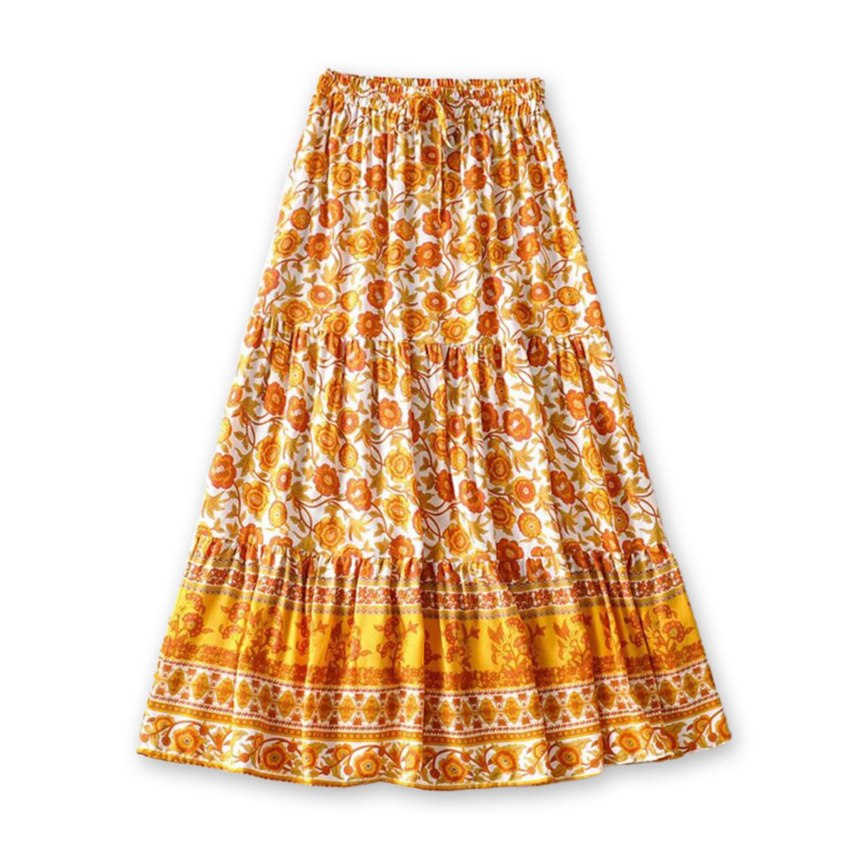 Marigold Orange Boho Floral Print Midi Skirt