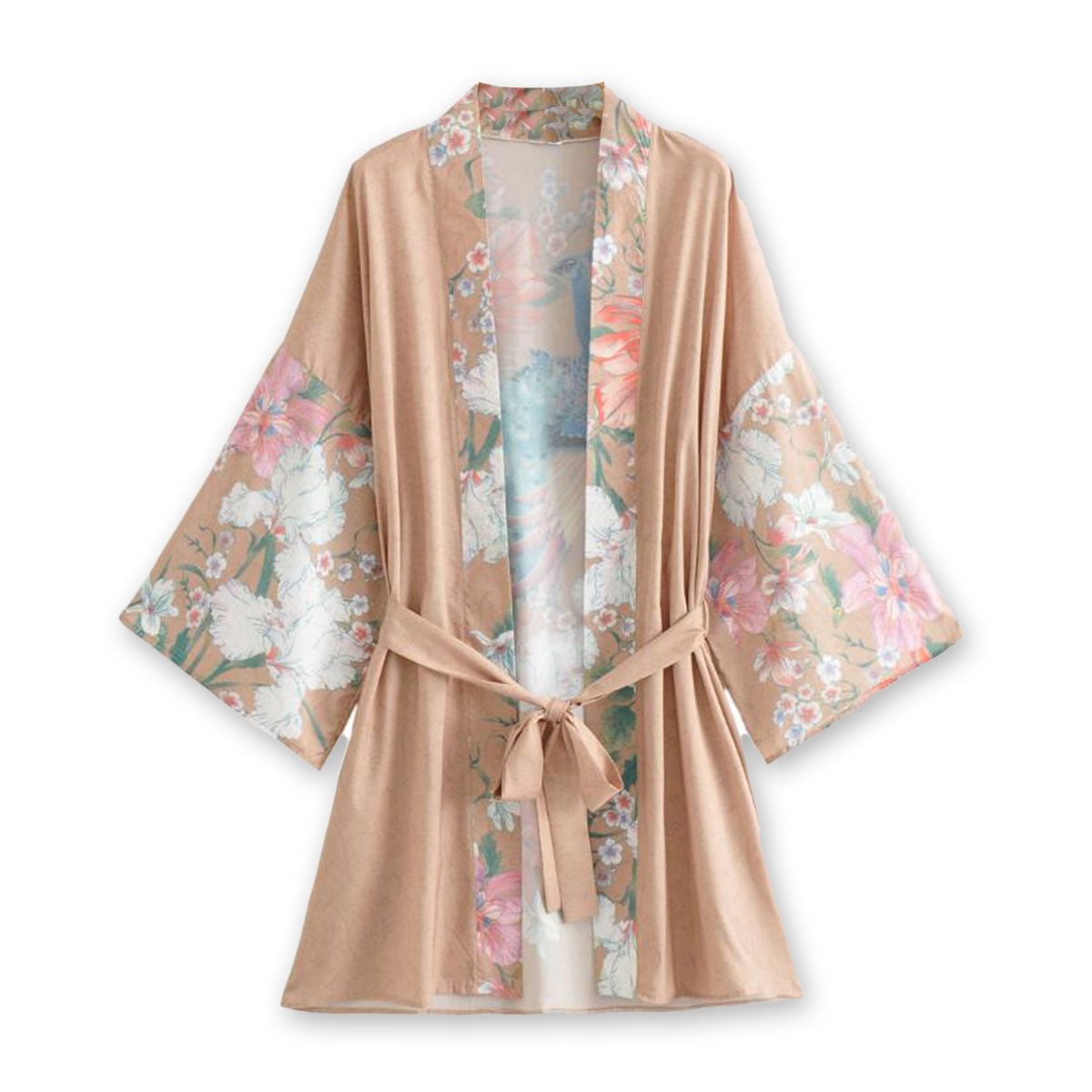 Mesa Tan Peacock Boho Floral Print Short Robe