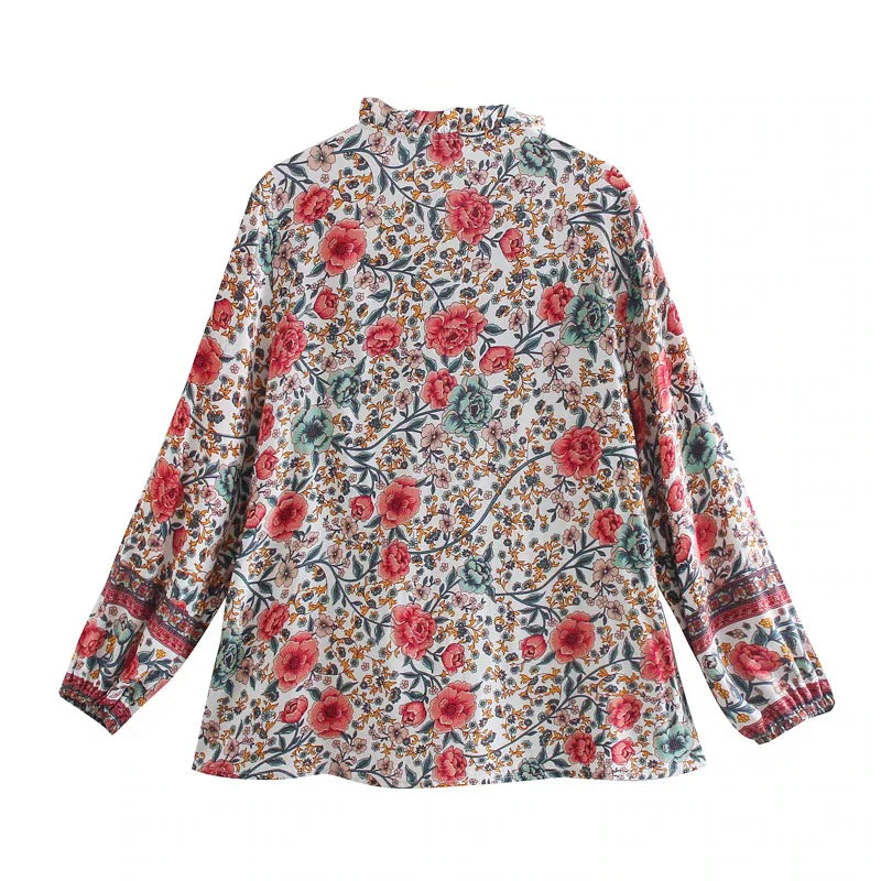 Vintage Garden Boho Floral Print Long Sleeve Blouse