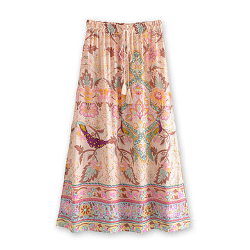 Peony Pink Peacock Boho Floral Print Midi Skirt