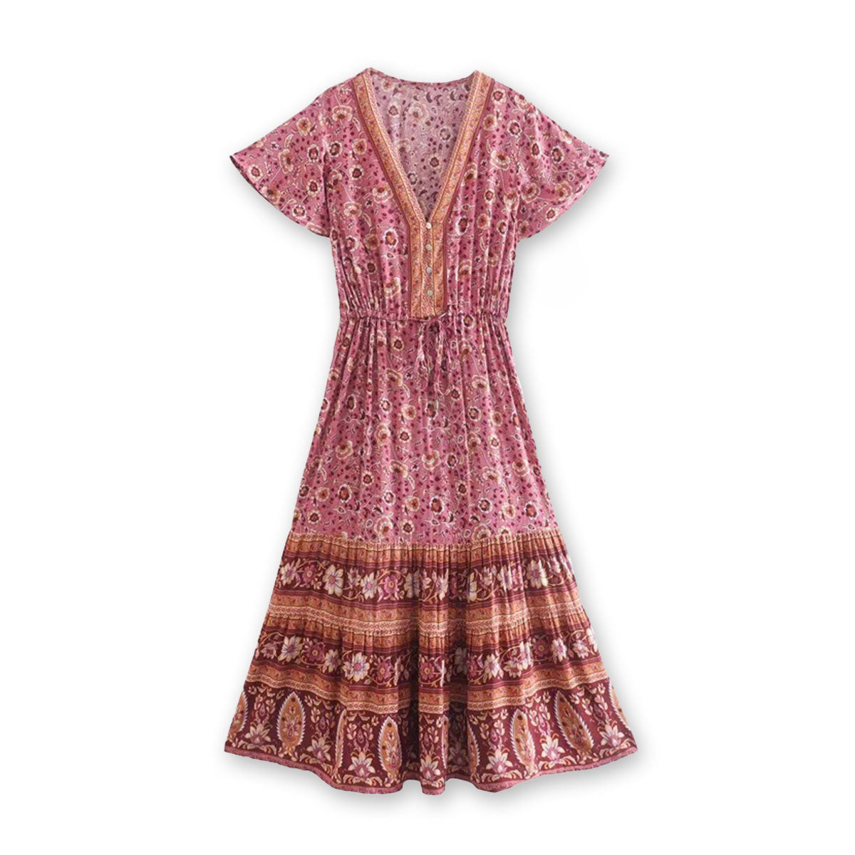 Rose Wine Boho Floral Print Midi Dress