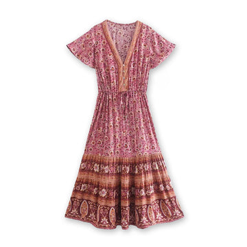 Rose Wine Boho Floral Print Midi Dress