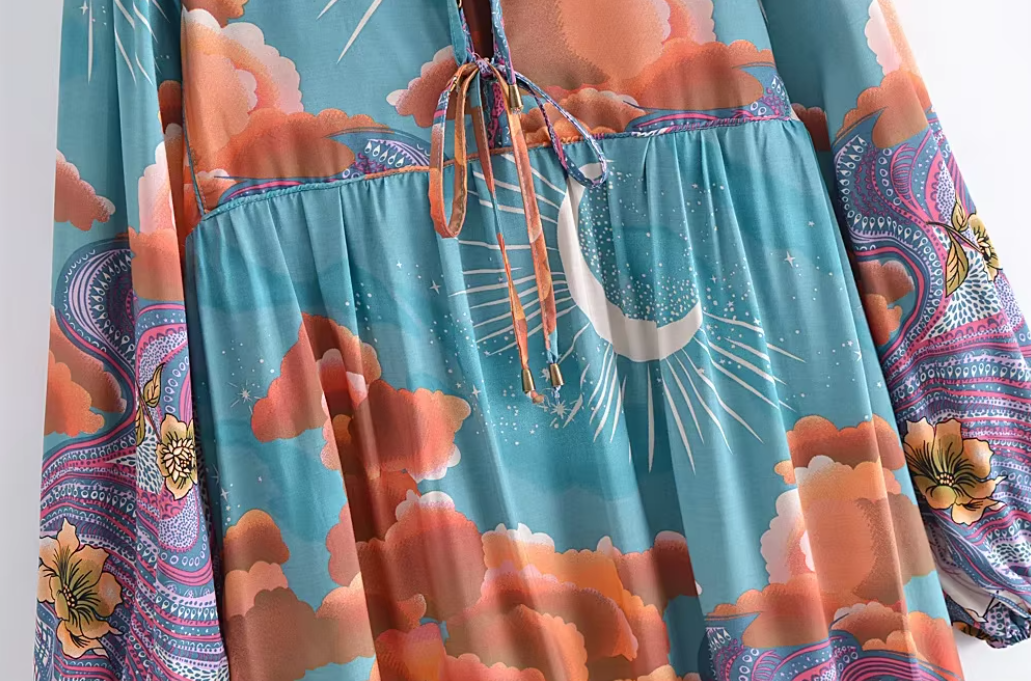 Moonstruck Teal Boho Floral Print Long Sleeve Maxi Dress