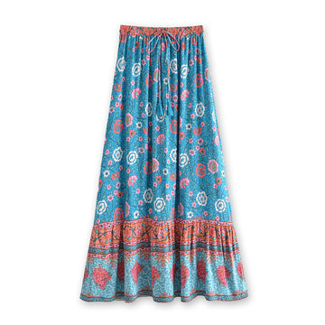 Blue Bouquet Boho Floral Print Maxi Skirt