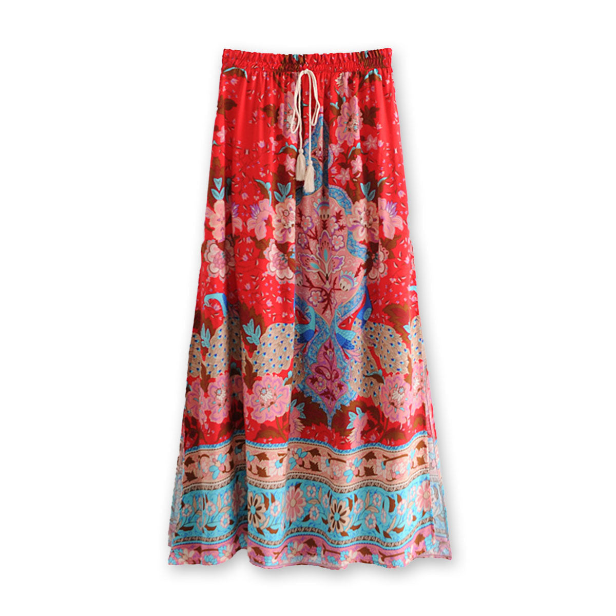 Ravishing Red Floral Print Boho Midi Skirt