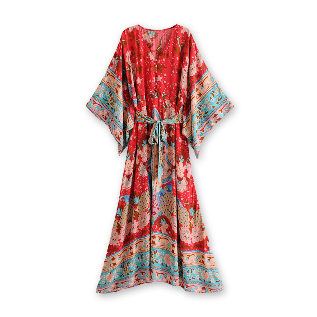 Fiery Red Peacock Boho Floral Print Midi Dress