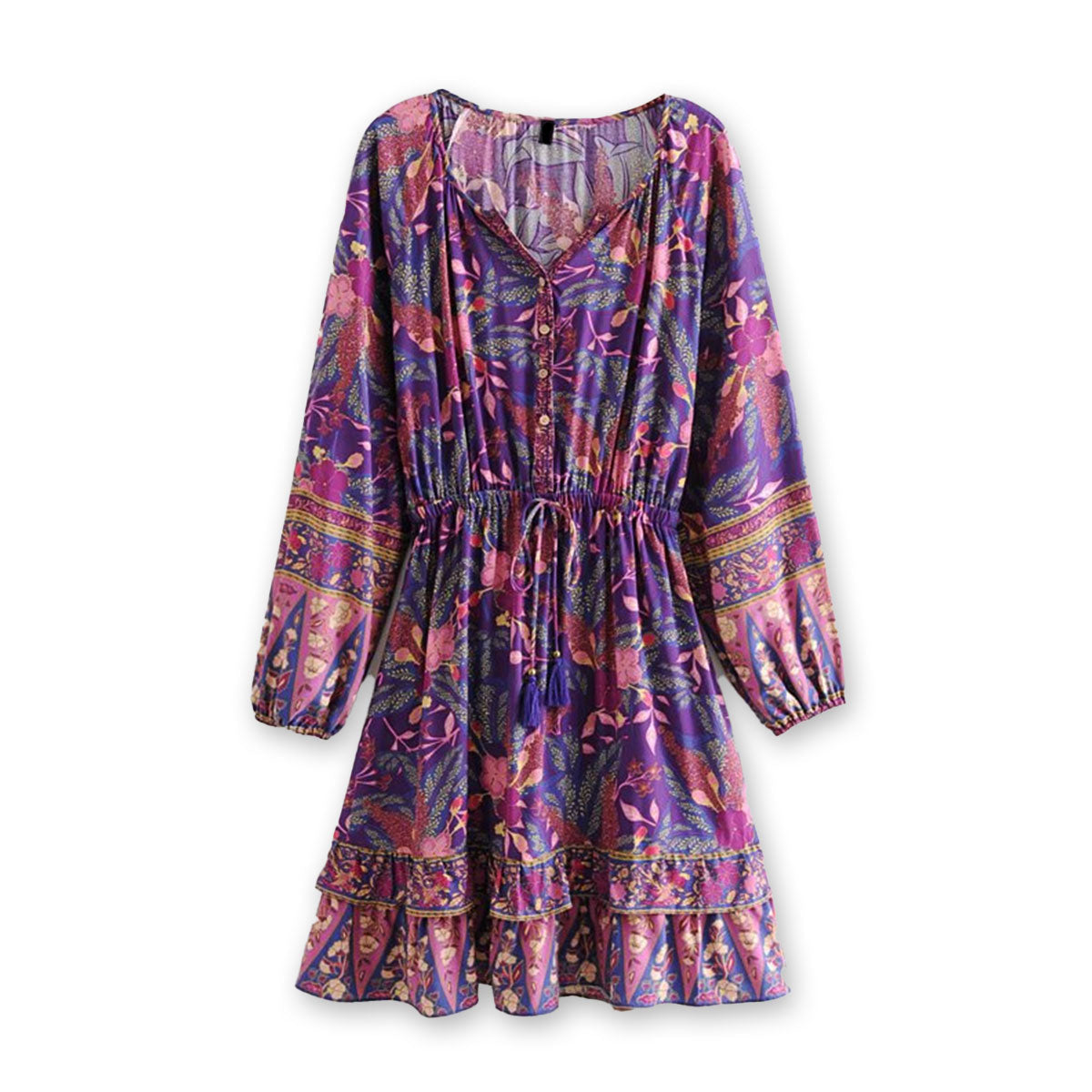 Purple Wisteria Boho Floral Print Long Sleeve Mini Dress