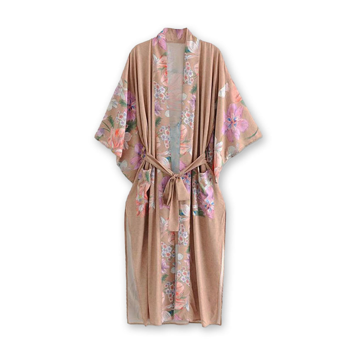 Mesa Tan Peacock Boho Floral Print Maxi Robe