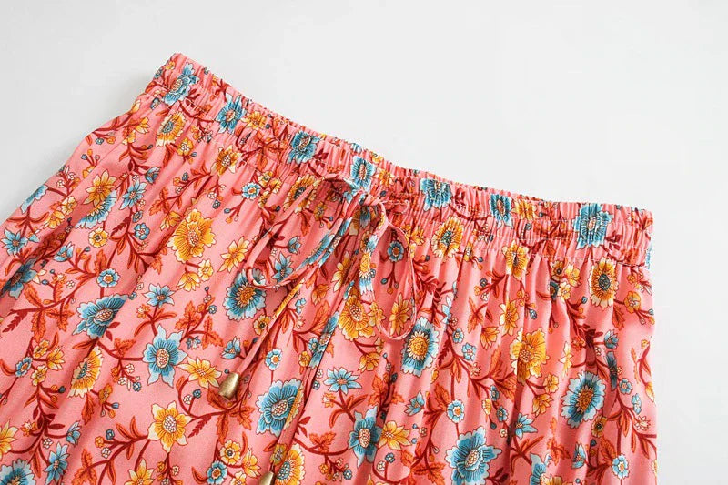 Serena Pink Boho Floral Print Midi Skirt