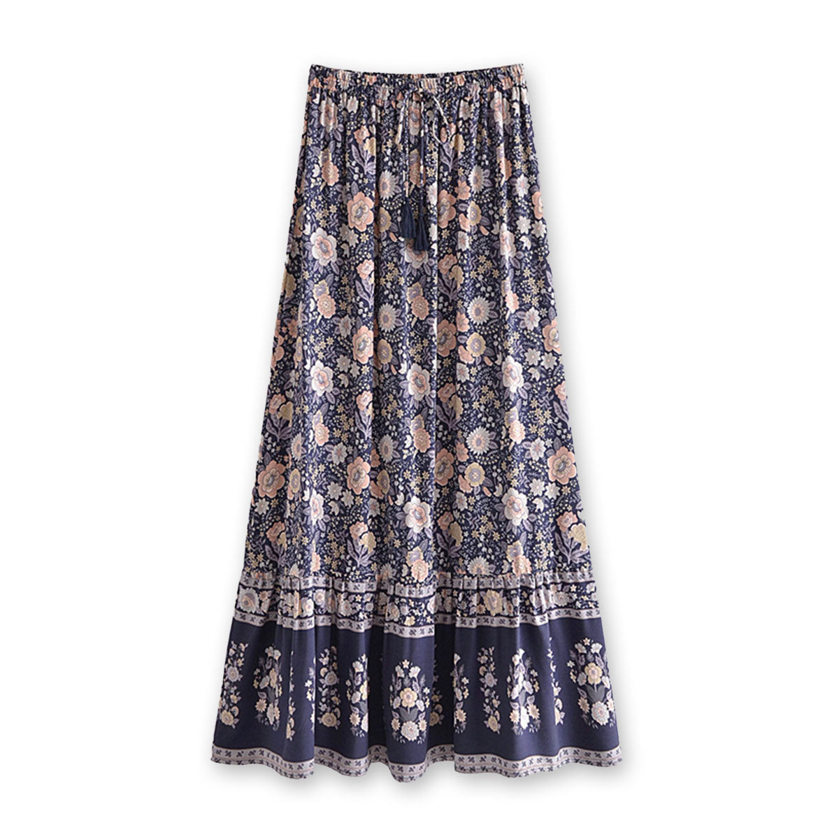 Midnight Blue Boho Floral Print Maxi Skirt