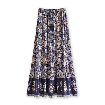 Midnight Blue Boho Floral Print Maxi Skirt