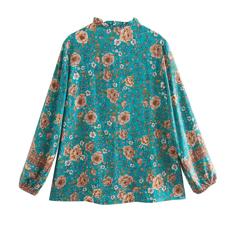 Teal Blossom Boho Floral Print Long Sleeve Blouse