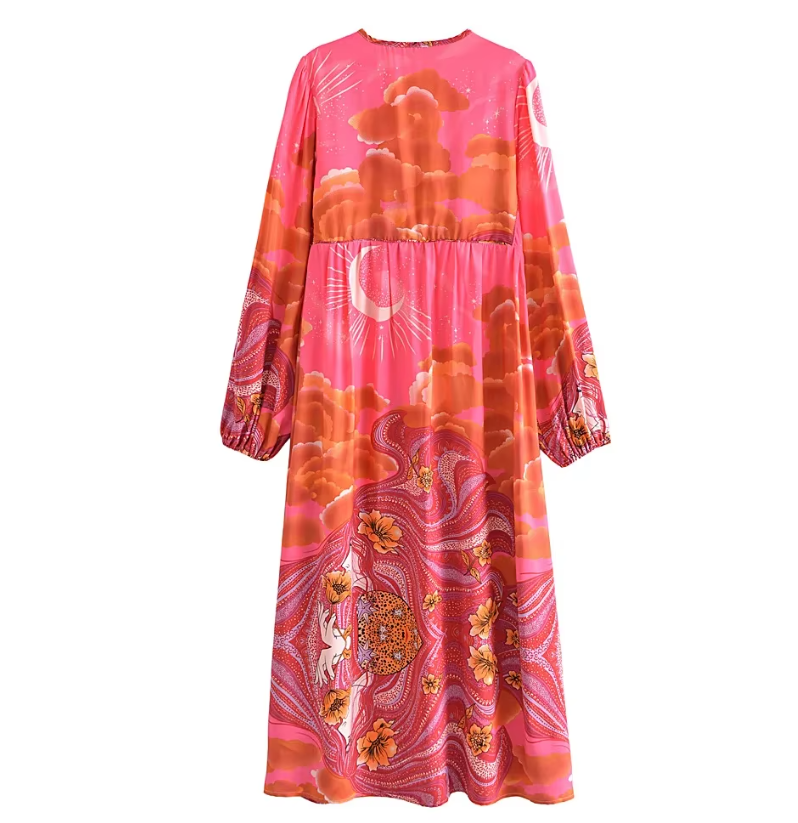 Moonstruck Pink Boho Floral Print Long Sleeve Maxi Dress