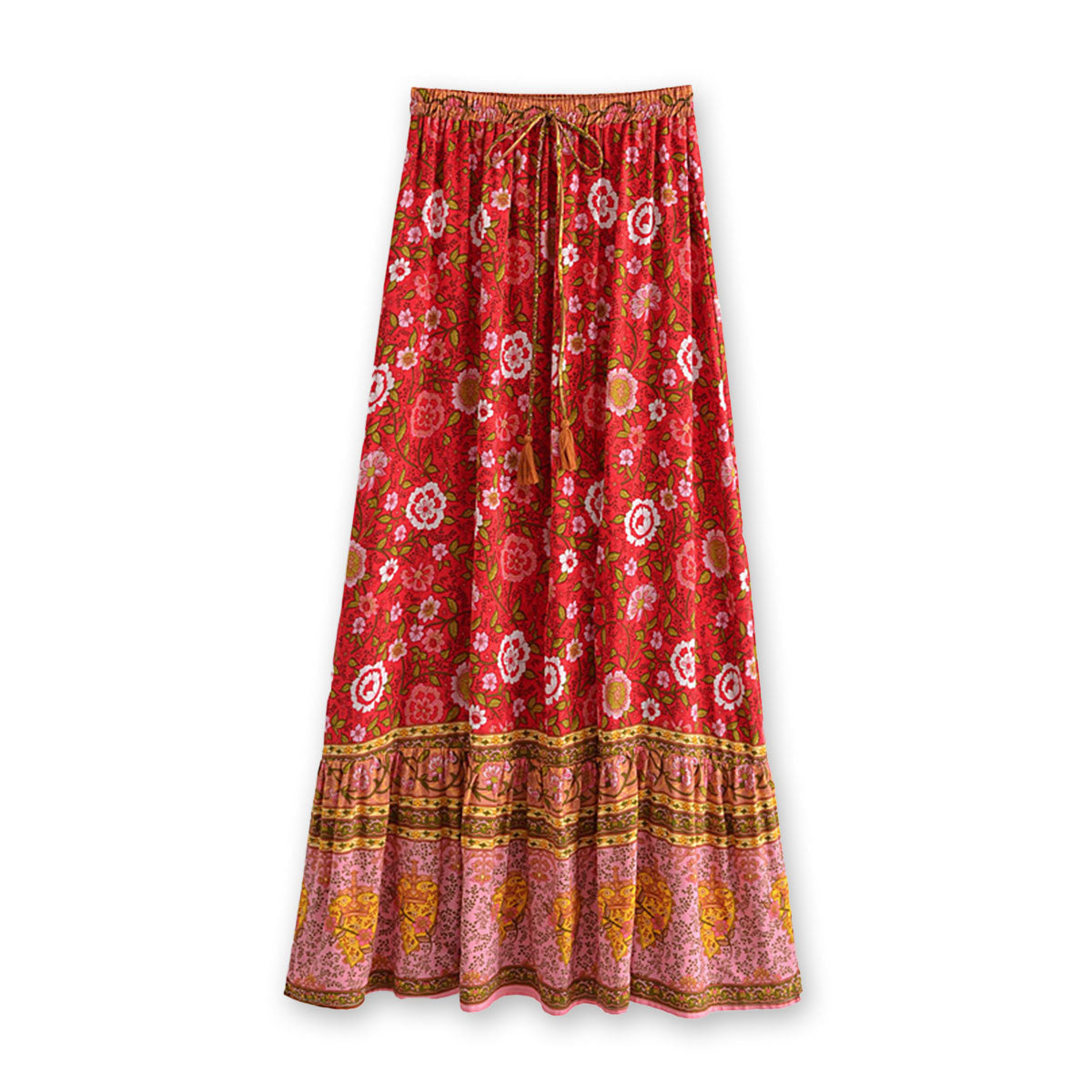 Strawberry Rose Boho Floral Print Maxi Skirt